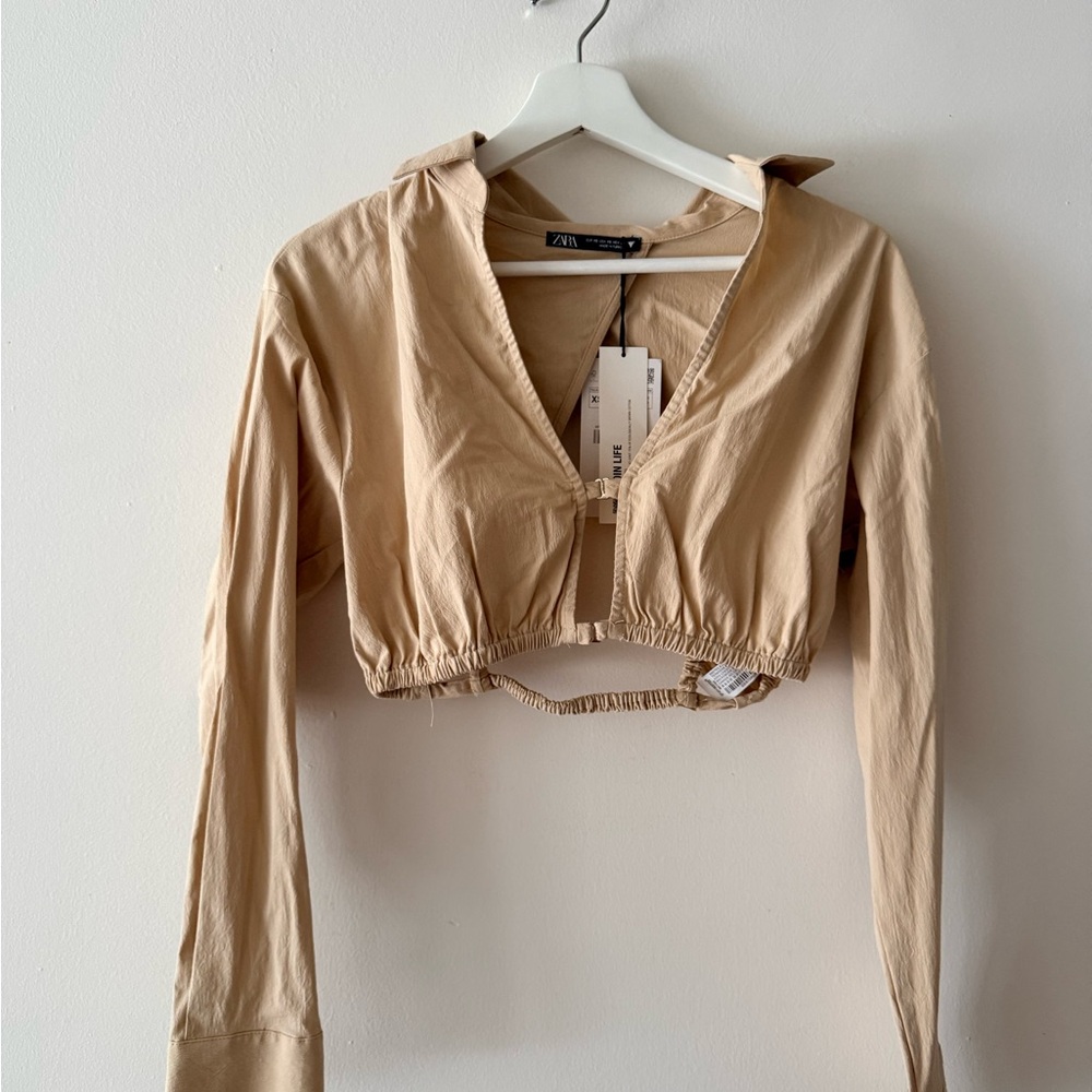Zara Tan Cropped Long-Sleeve Collared Top